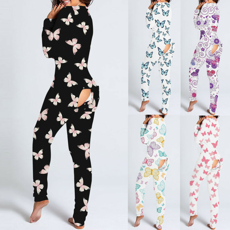 Aesthetic Butterfly Onesies With Butt Flap For Adults Christmas Sexy Sleepwear Romper Women's Tracksuit Open Butt Pajamas 2021