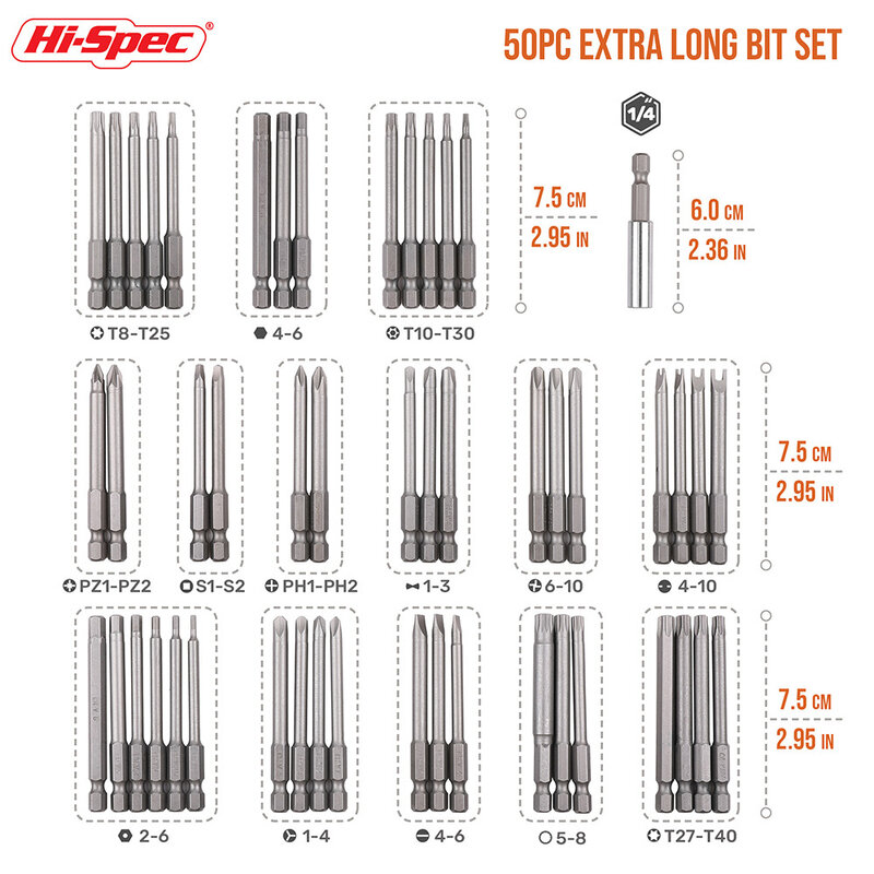 Hi-Spec Hex Long Handle Screwdriver Set Security Head 1/4 Screwdriver Bits Kit Torx Hex Hand Tools 25/50/51pc For Electric Drill