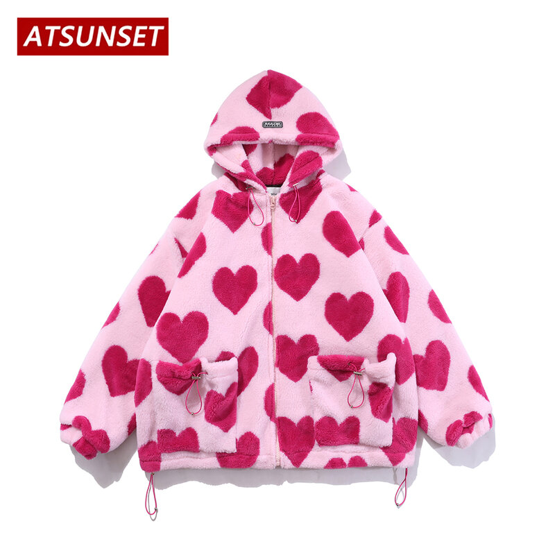 ATSUNSET Cute Heart Shaped Print Lambswool Hooded Cotton Coat Thick Warm Harajuku Winter Jacket  High Street Couple Streetwear