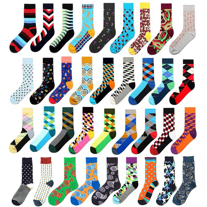 Classic Colorful Cotton Men's Socks Funny Geometric Plaid Striped Happy Casual Harajuku Hip Hop Graphic Socks For Wedding Gift