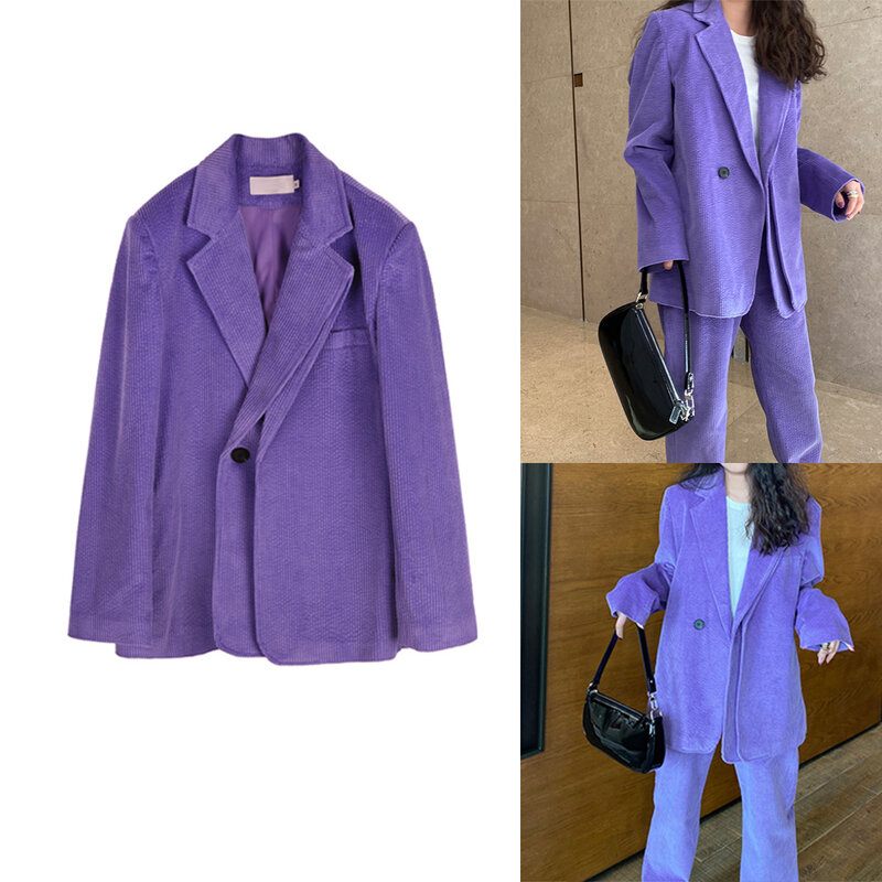 Новый дизайн, костюмы для молодых девушек из 2 предметов, Модный Фиолетовый Блейзер на одной пуговице, широкие брюки, свободная повседневная куртка