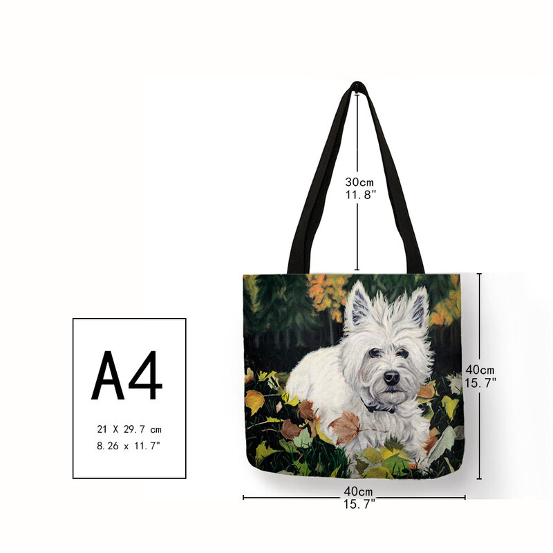 Westie bolsa de pintura para cachorro, bolsa para mulheres com design exclusivo, sacola de viagem de alta capacidade, bolsa tote de linho ecológica, dropshipping