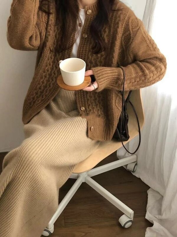 Autunno inverno nuovo stile maglione di cashmere cardigan donna sciolto pigro o-collo twist cardigan giacca lavorata a maglia