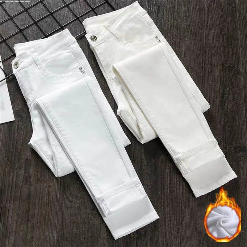 Jeans Putih Wanita Pinggang Tinggi Jeans Femme 2021 Musim Semi Musim Panas Musim Gugur Liar Ketat Pensil Denim Celana Ibu Jeans Mujer 364