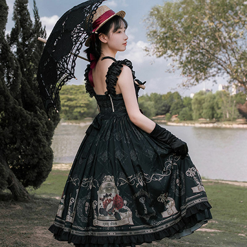 Lolita jsk vestido nightingale e rosa jsk vestido estilo gótico escuro vintage vitoriano princesa vestido de festa sem mangas lolita vestido
