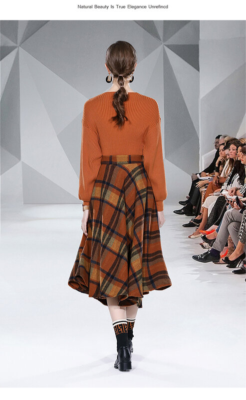 Outono inverno pista de moda 2 peça conjunto feminino o pescoço camisola pulôver de malha + xadrez vintage wollen grande balanço midi saia terno