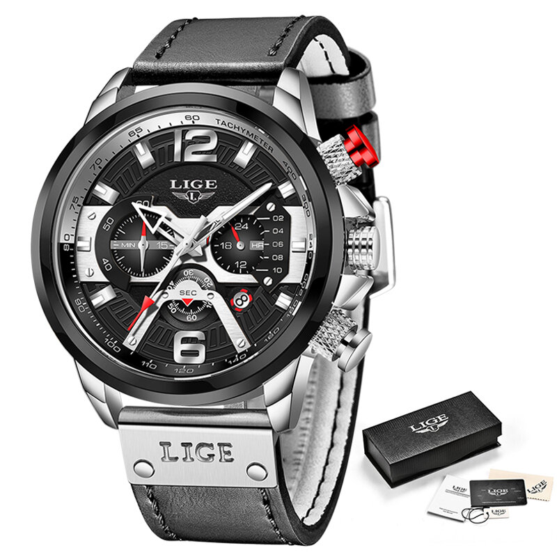 Часы наручные LIGE мужские с большим циферблатом, Брендовые спортивные Роскошные Кварцевые в стиле милитари, с хронографом