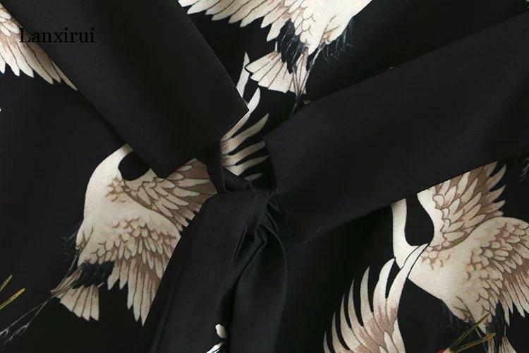 Nowych kobiet ubrania vintage zestawy żuraw marynarka z nadrukiem szerokie nogawki Retro spodnie kobiet ptak drukowane strój spodnie garnitury