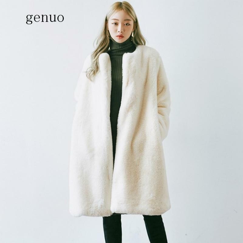 Białe ciepłe futro z długim rękawem O-neck kurtka zimowa moda damska Faux futrzany płaszcz wierzchnia płaszcz 3XL