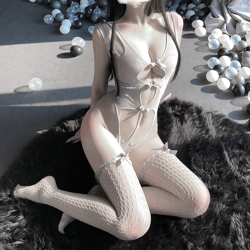 Sexy Gray Fishnet Bow Cat Cosplay Bodysuit Hollow Out Butt Erotic Lingerie Open Chest Stretch Mesh Stocking Costumes For Women