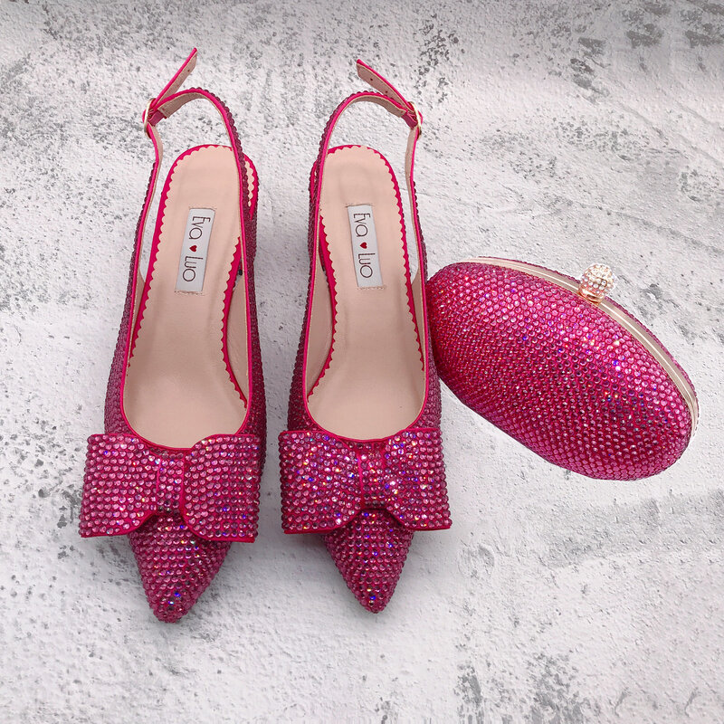 Bs1281 sapatos feitos à mão de estilingue, sapatos femininos de salto de bloco, para casamento, estilo fumaça, rosa, cristal, conjunto de bolsas