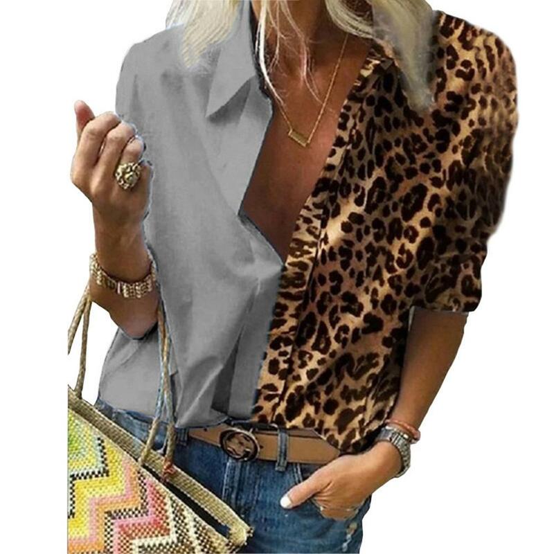 Office Lady Lange Mouwen Leopard Patchwork Kleur Blok Shirt Vrouwen Chiffon Blouse Casual Plus Size Tops