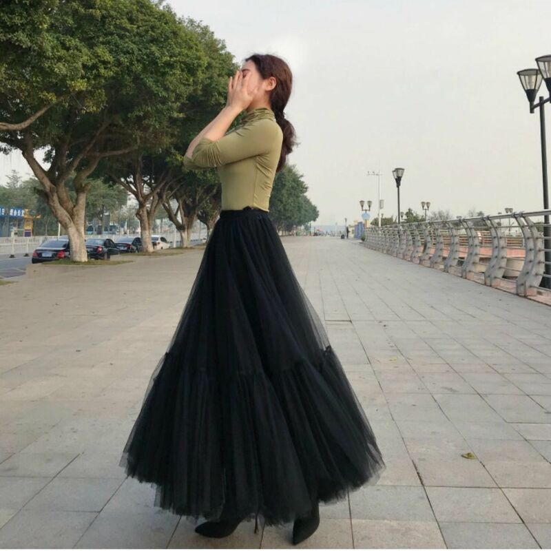 Damska plisowana spódnica z tiulu czarna siatka wysokiej talii długie spódnice Maxi Faldas Mujer Moda 2020 Jupe spódnice Vintage Q663