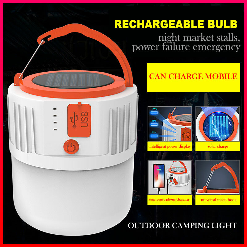 USB recarregável Solar LED Camping Lamp, 5 Equipamento de iluminação, Lanterna de tenda com gancho, Acampamento ao ar livre, churrasqueira, tenda, branco, preto