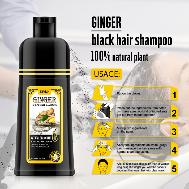 Sevich tintura de cabelo preto permanente shampoo tingimento rápido preto duradouro orgânico natural gengibre cor do cabelo tintura de cabelo ervas
