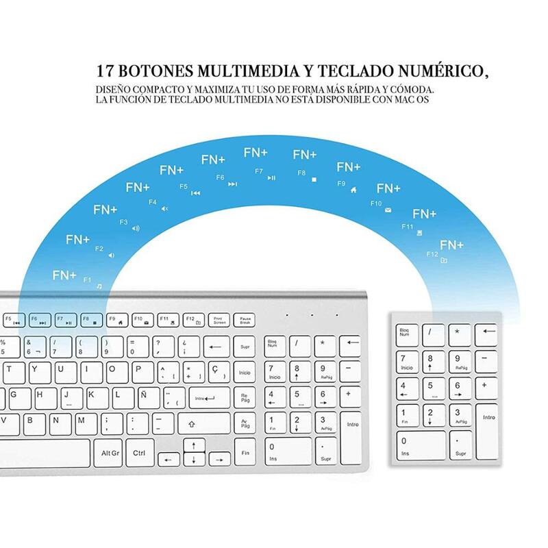 Combinação de teclado e mouse sem fio com layout espanha, conexão estável de 2.4ghz, teclado portátil e mouse em branco prateado.