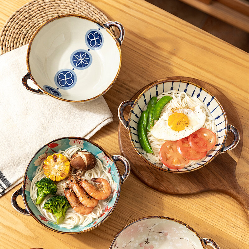 7.5 Inci Mangkuk Mie Rumah Tangga Jepang Mangkuk Sup Keramik dengan Pegangan Mangkuk Pasta Salad Peralatan Makan Dapur Microwave Oven Bakware