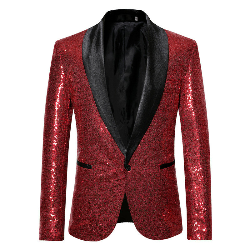 Jaket Blazer Glitter Berpayet Emas Berkilau Pria 2022 Blazer Setelan Satu Kancing Kerah Selendang Mode Kostum Penyanyi Panggung Pria Homme