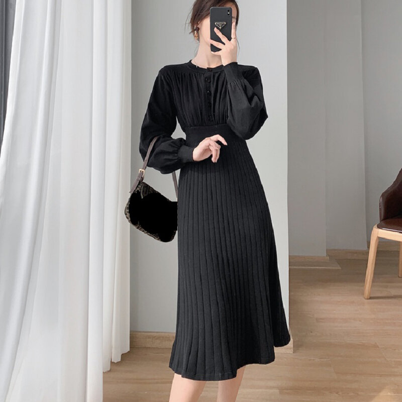 Hebe & Eos-vestido Midi plisado de una pieza para mujer, prenda elegante de punto con cuello redondo, cintura delgada, cálido, estilo coreano, invierno, 2021