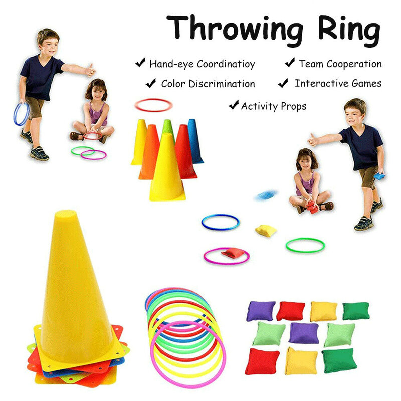 Juego combinado de juegos de Carnival Toss, juego de conos de plástico para exteriores, bolsa de frijoles, juegos de lanzamiento de anillos para niños, fiesta para niños