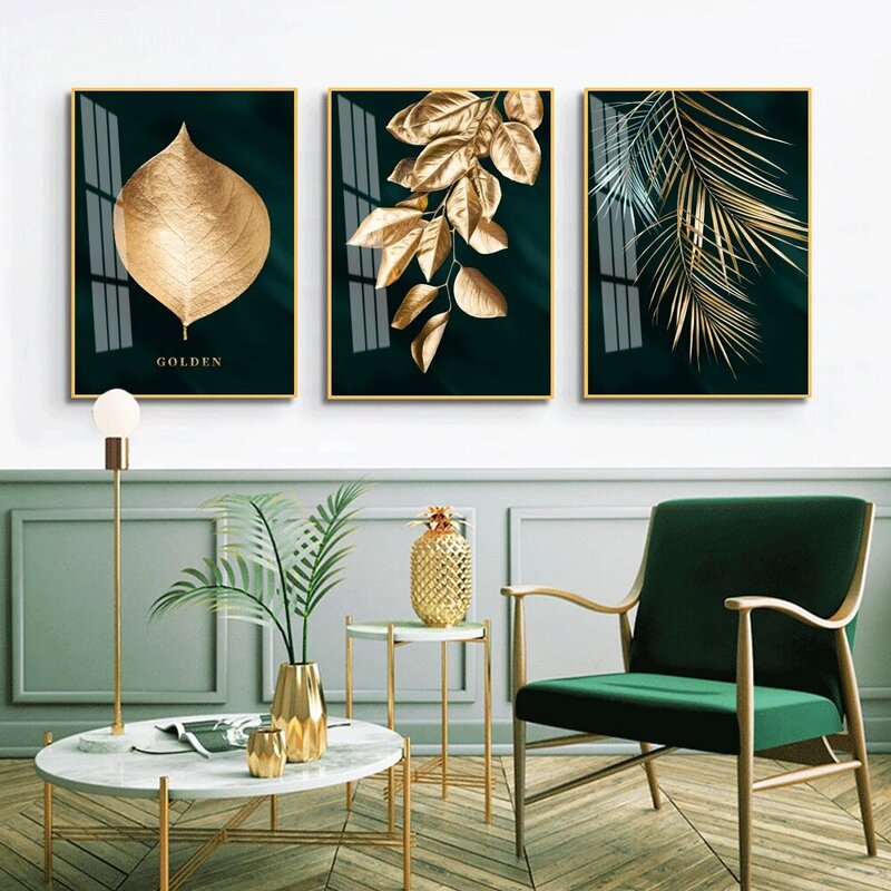 Nórdico abstrato folha de ouro planta arte cartaz moderno luxo pintura da lona escritório sala estar corredor decoração casa mural