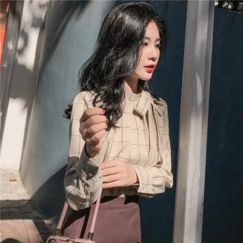 Chemise à carreaux à manches longues pour femme, ample, en mousseline de soie, nouveau Style coréen, avec sangle à nœud, automne 2020