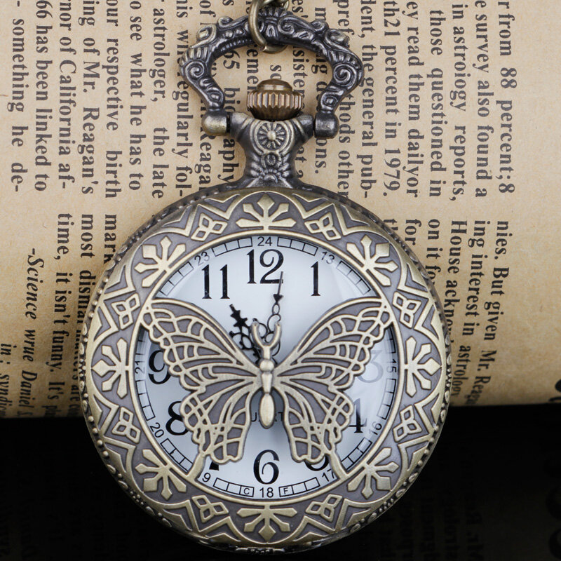 Jam tangan saku Quartz perunggu Retro antik jam tangan saku ukir kupu-kupu & Fob jam tangan pria wanita hadiah untuk wanita