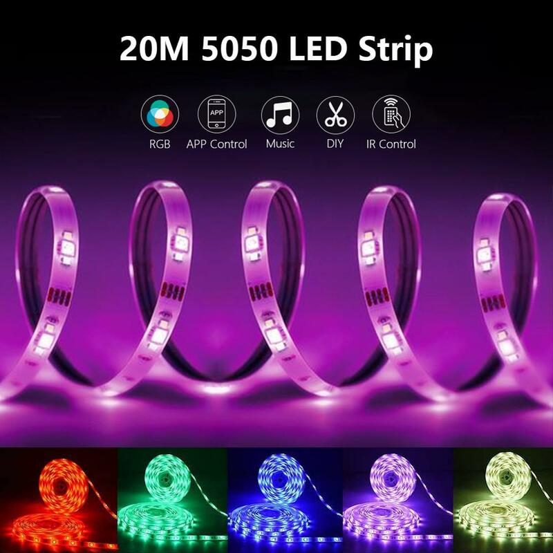 Tira de luces LED RGB 5050 con sincronización de música, colores cambiantes, micrófono incorporado, cuerda de luces controladas por aplicación, 5M, 10M, 20M