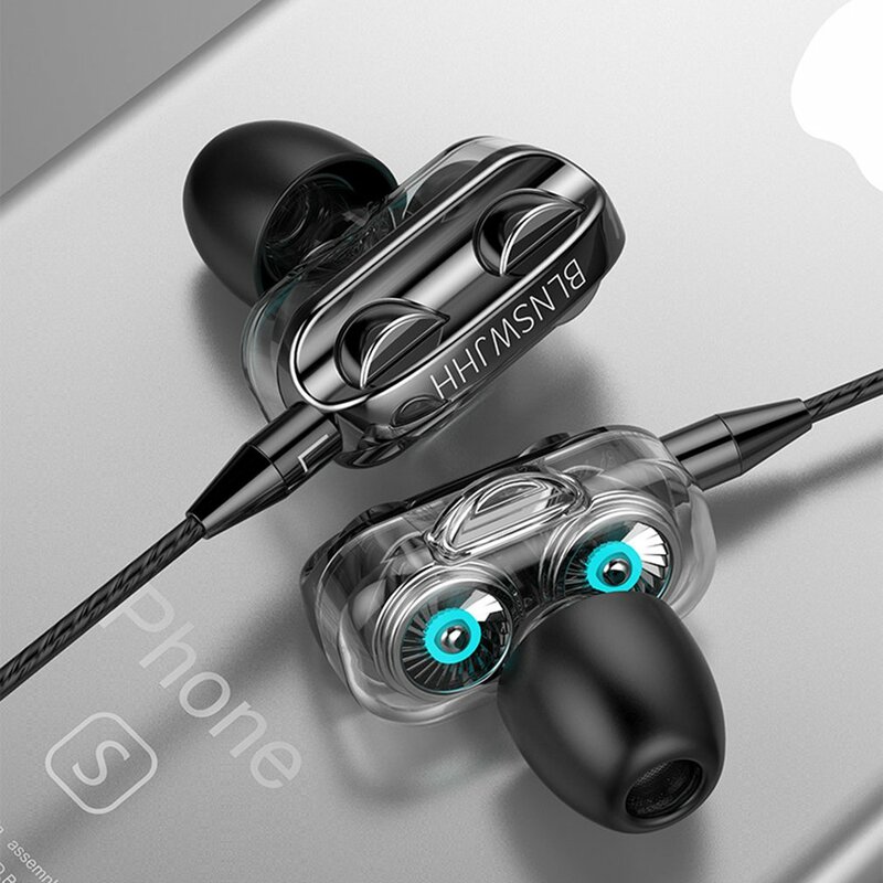 Earbud Earphone Musik Driver Ganda Stereo 3D Bass Kuat Headphone In-Ear Olahraga HIFI Headphone Ponsel Pintar Penyetelan Berkabel