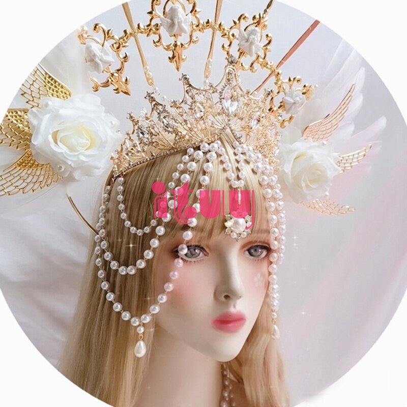 Lolita KC สีขาว Rose Angel Feather Wing เทพธิดา Sun Gold Halo Crown อุปกรณ์เสริมผม Mary Baroque ไข่มุก Tiara