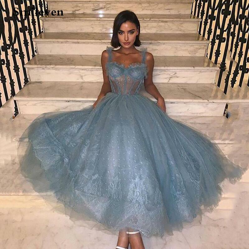 Chá comprimento azul vestido de baile 2022 alças de espaguete vestido de festa formal simples vestidos de festa especial ocasião