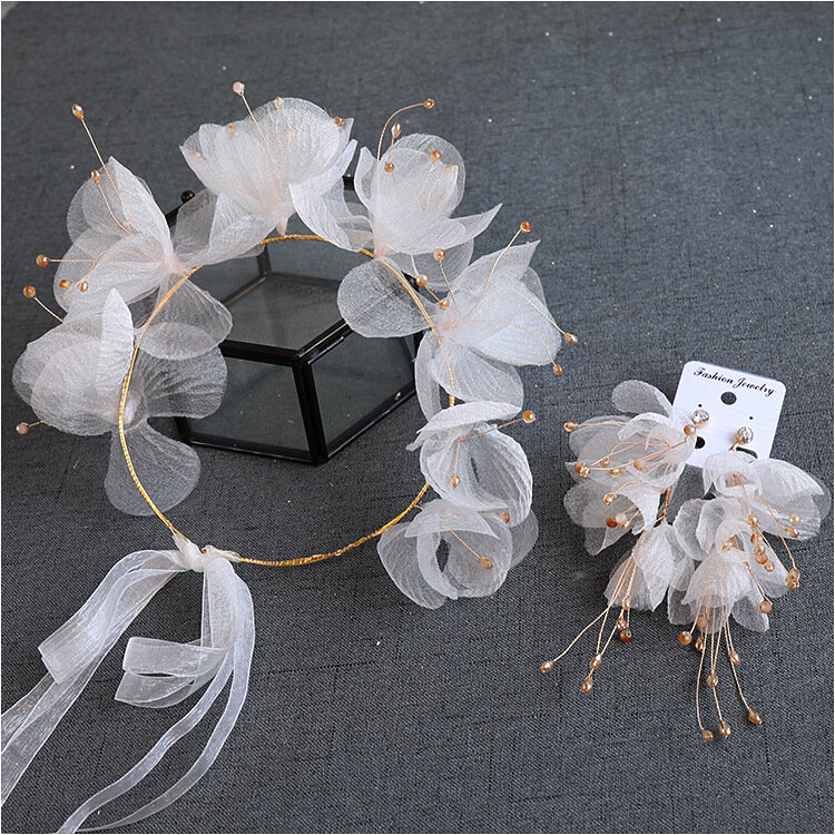 Hermosa flor de hilo de seda, pendientes de ensueño, estilo Exterior, diadema, accesorios para el cabello de boda para novia