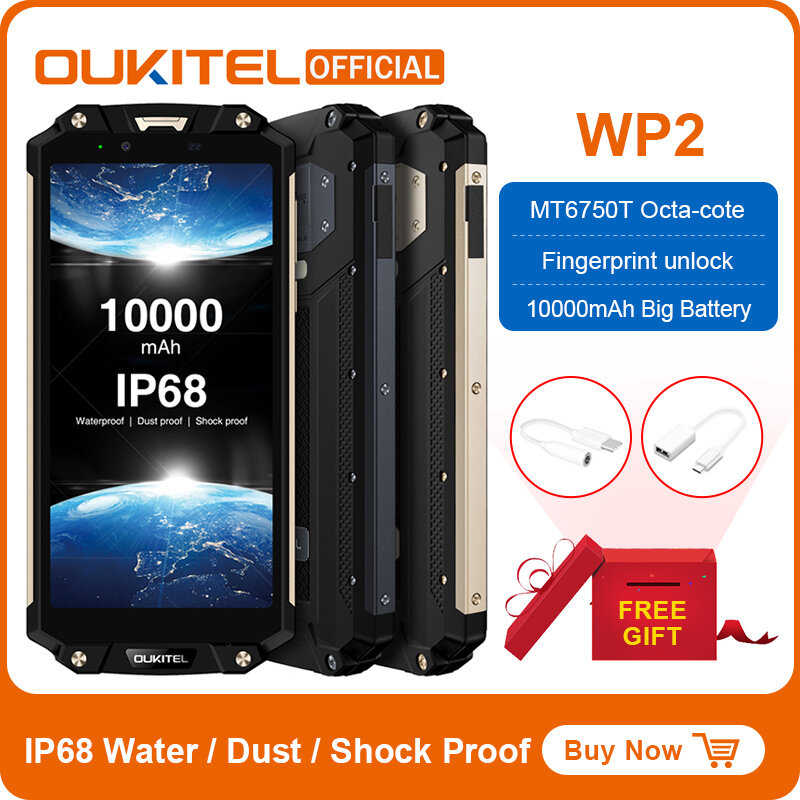 OUKITEL WP2 IP68 étanche à la poussière antichoc téléphone portable 4GB 64GB MT6750T Octa Core 6.0 "18:9 10000mAh empreinte digitale Smartphone