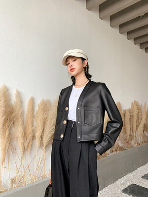 Tao Ting Li Na genuína jaqueta de couro ovino para mulheres, nova moda, real, G1