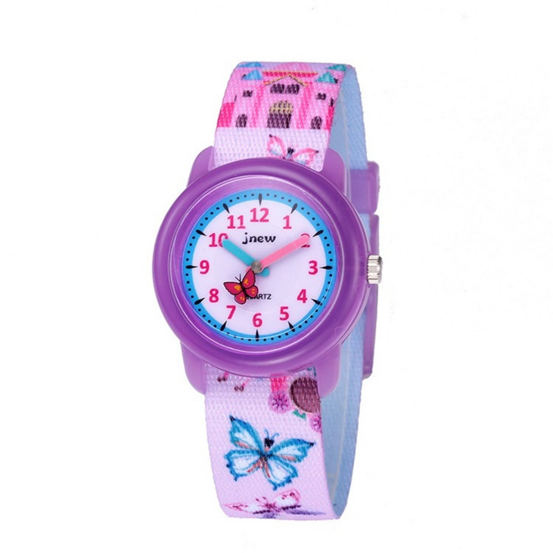 เด็กการ์ตูนนาฬิกากันน้ำเด็กรายชั่วโมงนาฬิกาควอตซ์แฟชั่นสีม่วงหญิงรักผีเสื้อ Dial กีฬานาฬิกาของขวัญ