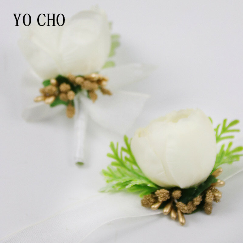 Yo Cho Pernikahan Pengiring Pengantin Bros Putih Merah Muda Sutra Bunga Pergelangan Tangan Korsase Gelang Groom Boutonniere Pernikahan Pernikahan Boutonniere