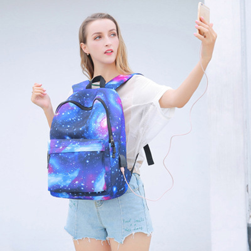 Mochila para hombre y mujer, mochila de cielo estrellado, carga USB, bolsa escolar para estudiantes de escuela media, deportes de montañismo, Coreano