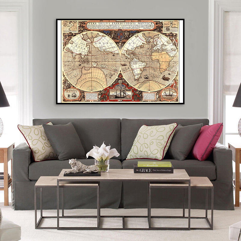 중세 라틴 벽 아트 포스터, 세계 지도, 빈티지 캔버스 그림, 학교 용품, 거실 홈 데코, 75x50cm