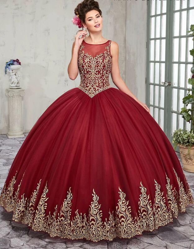 2019 Gold Embroidery Ball Gown Quinceanera Dresses Floor Length Sweet 16 Dress Custom Color Size