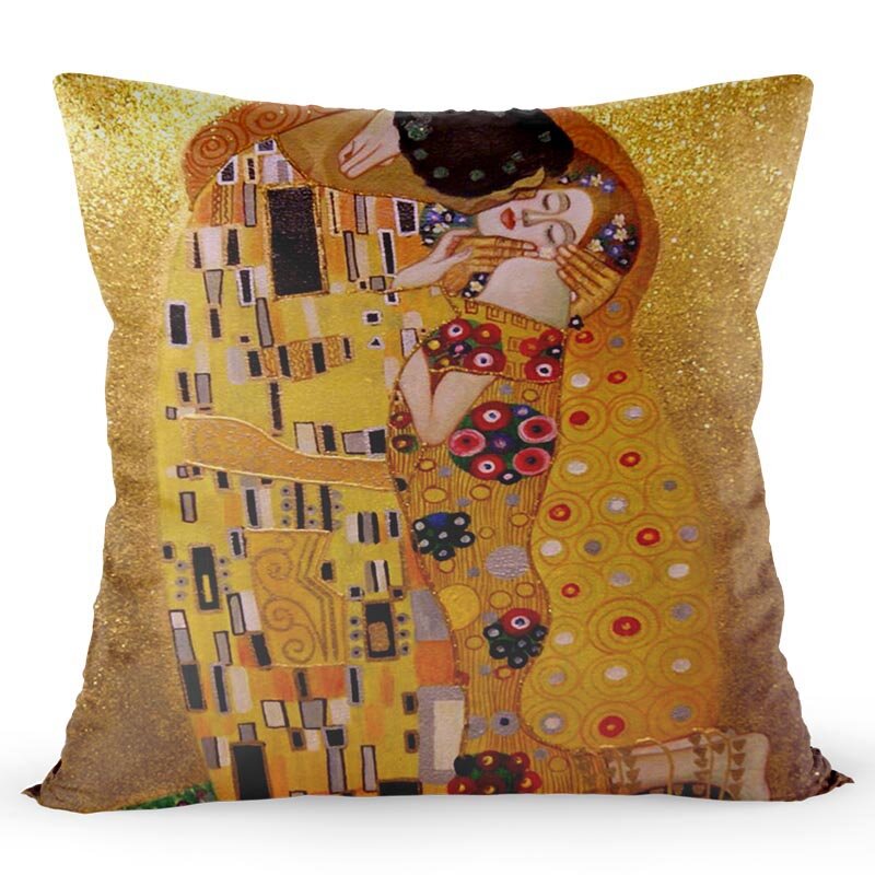 Funda de Cojín de Cuadro de Gustav Klimt de 40x40 cm para el Hogar, Cubierta de Almohada de Satén con Estampado de Diseño Dorado Decorativo