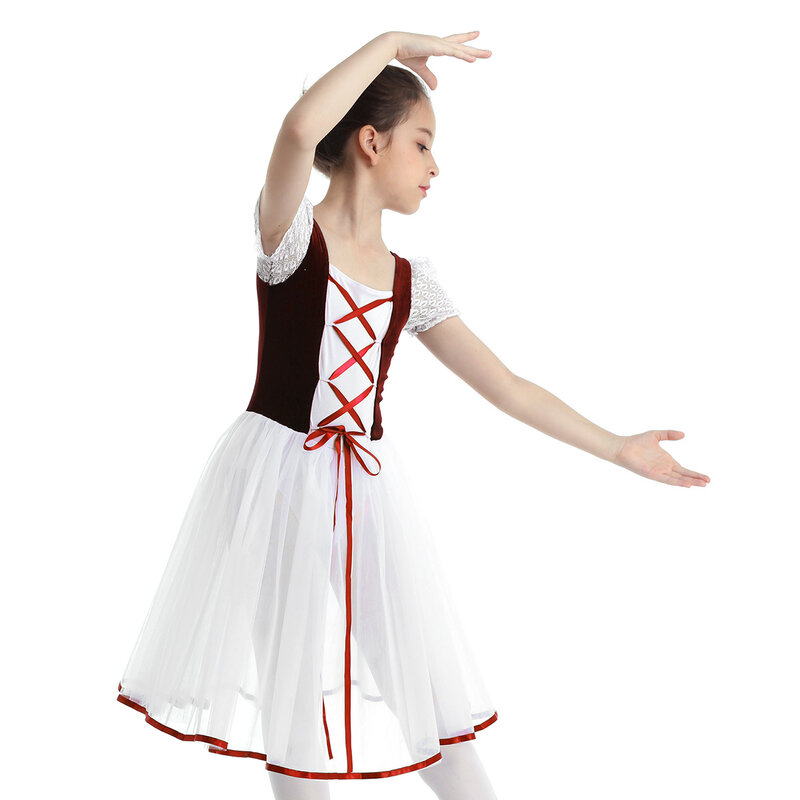 Velvet Mesh Giselle Ballet Dance Traje para meninas, manga curta bolha, saia de dança, collant de ginástica, vestido Tutu para crianças
