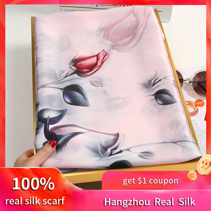 100% cachecol de seda feminino, lenço de seda verdadeira de hangzhou presentes para mamãe impresso de tamanho longo e natural foulard feminino