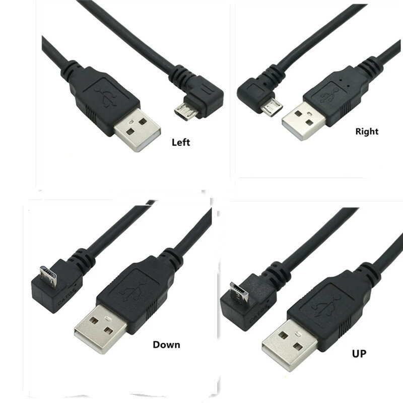 Cable conector de carga de datos Micro USB macho a USB macho, arriba, abajo, izquierda y derecha, ángulo de 90 grados, 25cm, 50cm, para tableta, 5 pies, 1m