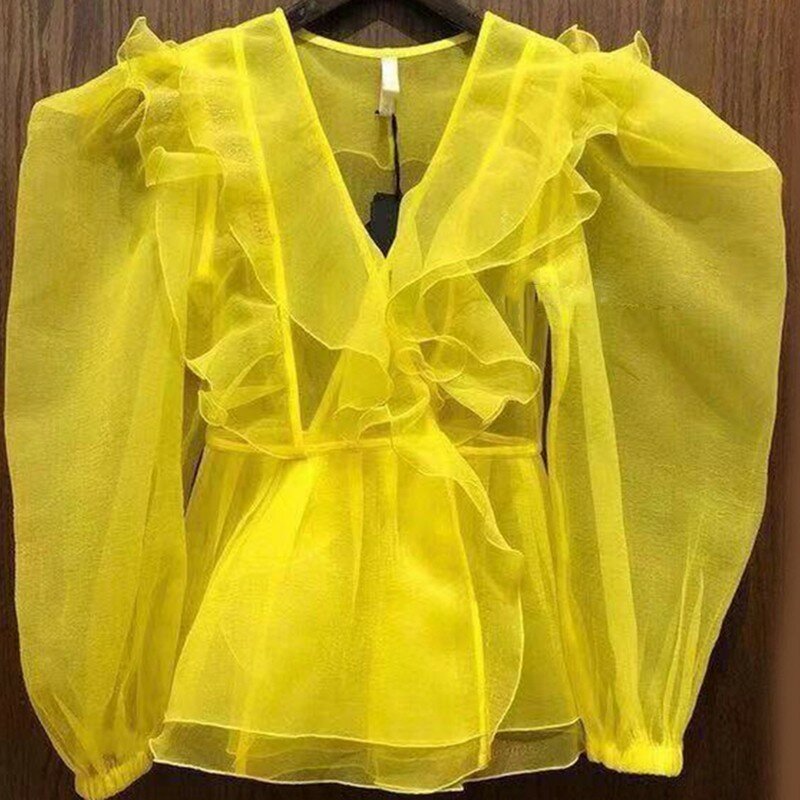 Женская блузка с узлом GALCAUR, повседневная бандажная туника с V-образным вырезом и пышными длинными рукавами, осень 2020