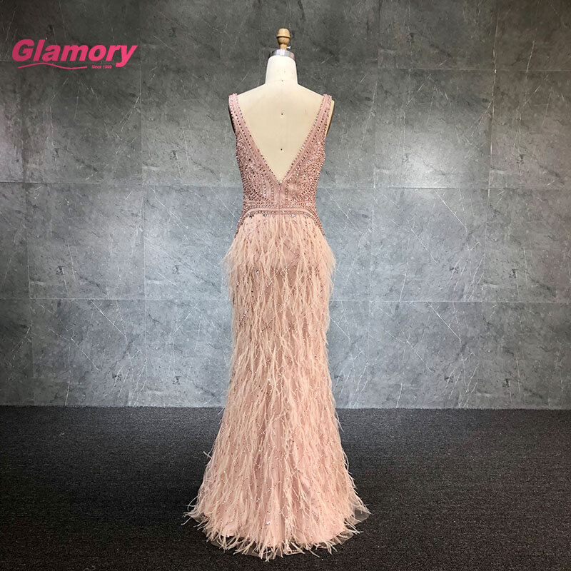 Desain Baru 2020 Gaun Malam Putri Duyung Manik-manik Merah Muda Leher V Seksi Tanpa Lengan dengan Gaun Prom Fitur