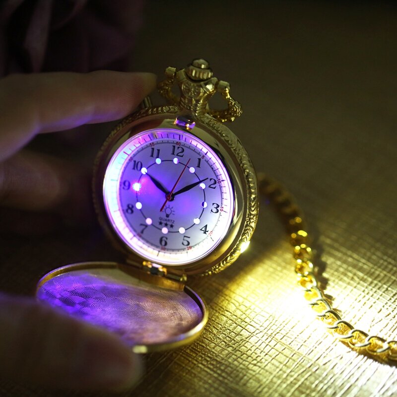 Роскошные золотистые светящиеся кварцевые карманные часы со светодиодным дисплеем, резная цепочка для мотоцикла, мотоцикла, часы-брелок, подарки