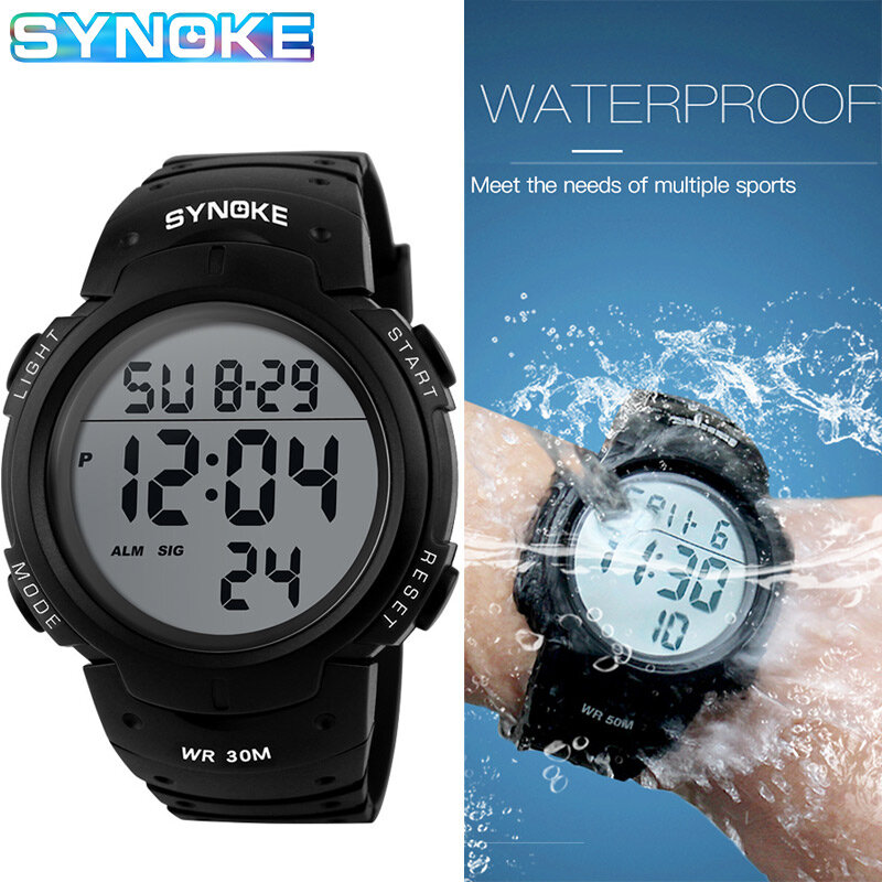 SYNOKE-Impermeável LED Digital Sports Watch para homens, relógio eletrônico, cronógrafo, contagem regressiva, 9668