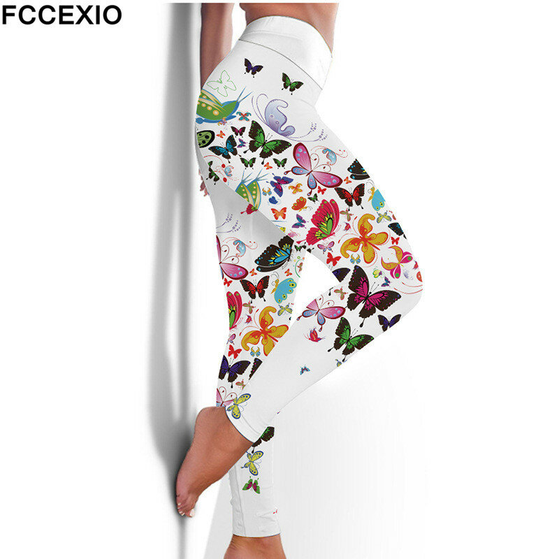 FCCEXIO Hohe Taille Fitness Elastische Leggings 6 Farben Die Schmetterling 3D Druck Sexy Leggins Lässige Workout Sport Hosen
