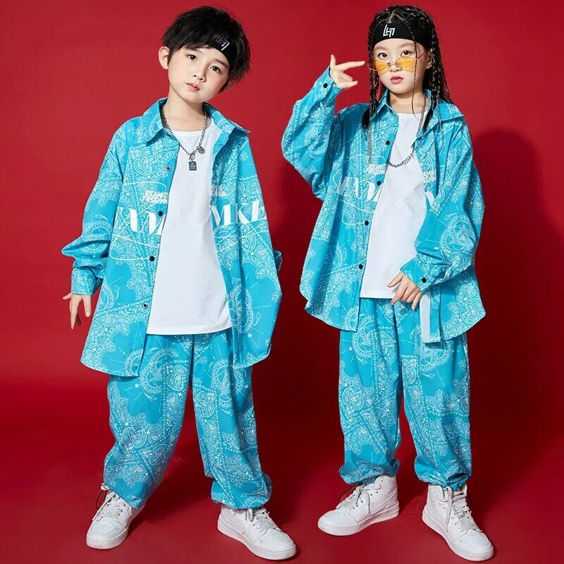 Kid Kpop Outfit abbigliamento per ragazze ragazzi stampa geometrica camicia con stampa oversize Top Streetwear pantaloni larghi costumi di danza Hip-Hop