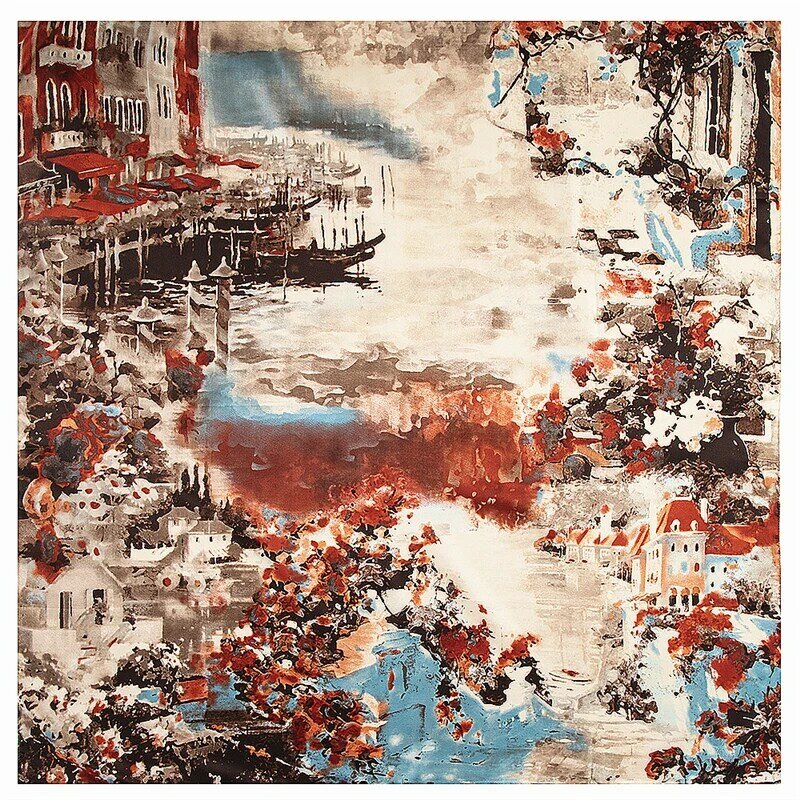 Bufanda cuadrada de seda de marca para mujer, pañuelo clásico de pintura al óleo de casa, pueblo de agua, barco, novedad